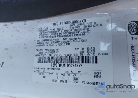 2013 Ford Mustang V6 z USA, uszkodzony, nr VIN 1ZVBP8AM1D5274852